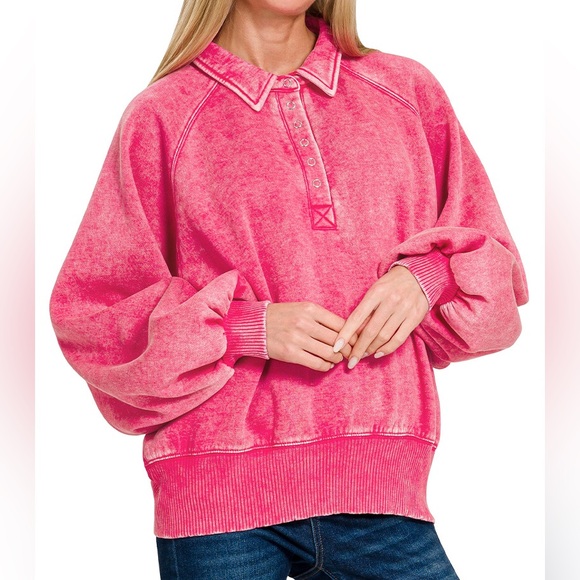 Acid Wash Fleece Button Up Collared Pullover in Hot Pink - Picture 3 of 3